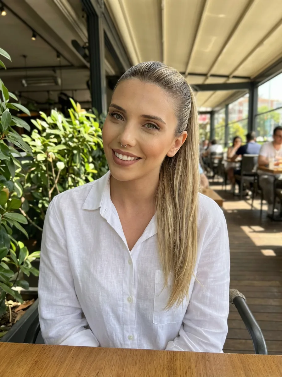 Sleek Sandy Blonde Long Ponytail on Oval Face
